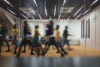A group of blurred people walking in the building