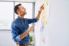 Man looking at notes on office wall and holding tablet