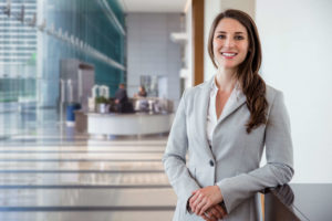 Business woman in building lobby