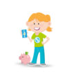 Animated girl holding a card with piggy bank