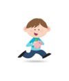 Boy walking holding a piggy bank