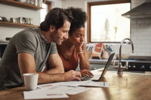 Biracial couple looking at laptop on kitchen island.
