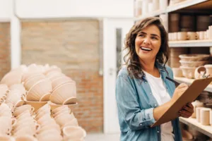 Woman in kitchen wear store